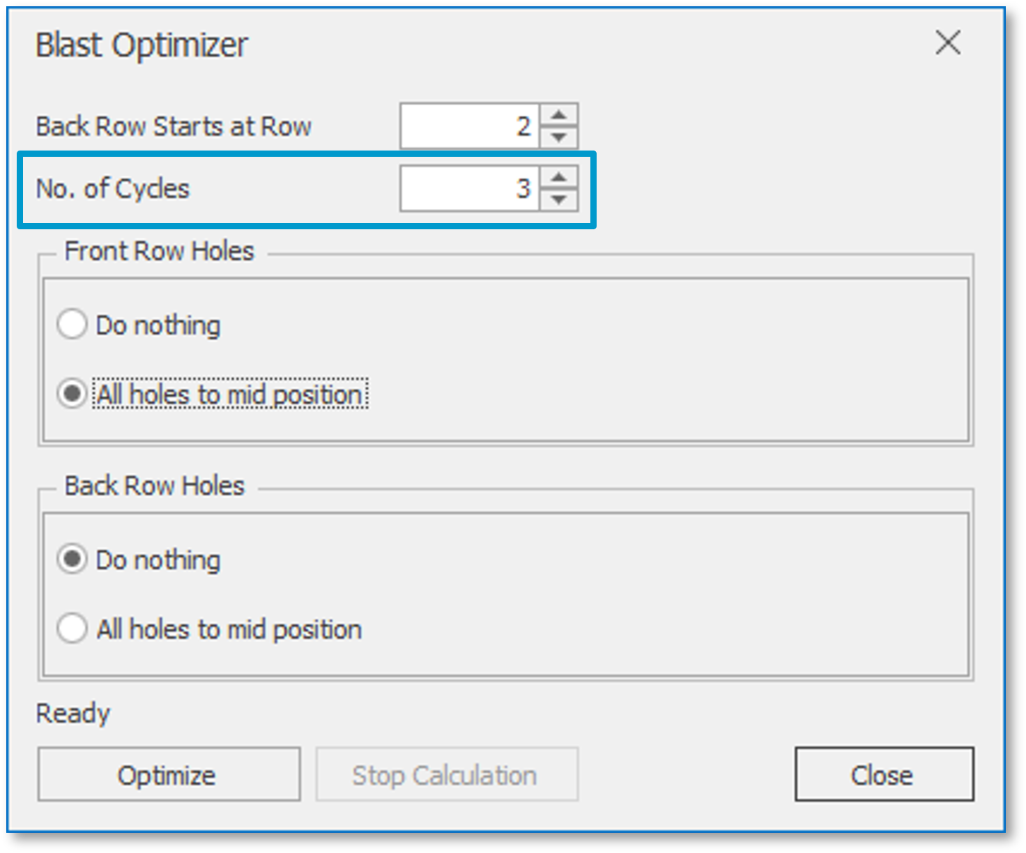 User selects the required number of cycles to run optimization